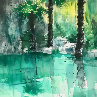 热带风景水彩画