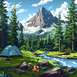 手绘山林露营地