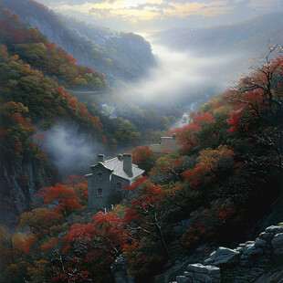 中式房子红枫树