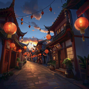 古代街道夜景