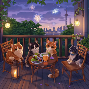 夜晚猫咪插画