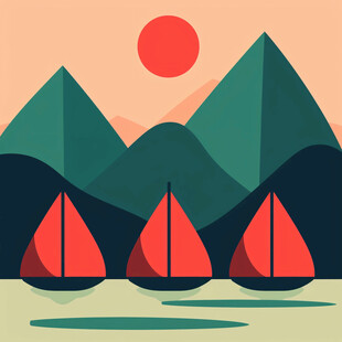溪流小船白鹤落日山峦