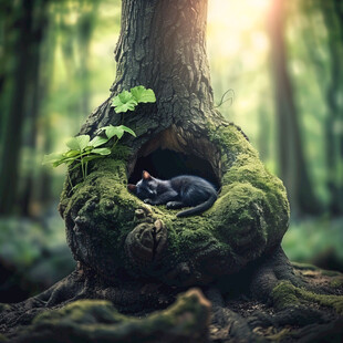 睡在树洞里的猫