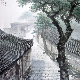 水粉画古街巷