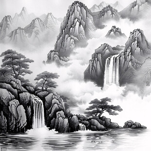 黑白画手绘山水画