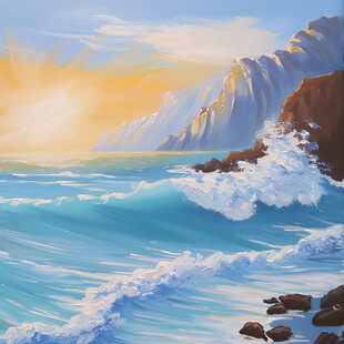 手绘海浪旭日东升