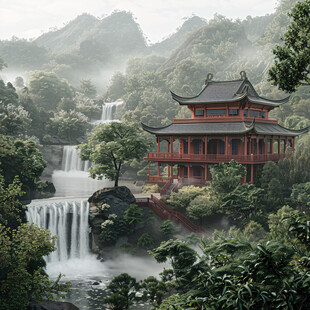 亭台楼阁流水瀑布