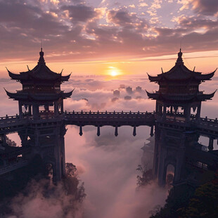 亭台楼阁旭日东升