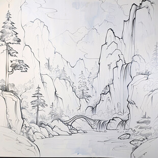 手绘线描山水壁画