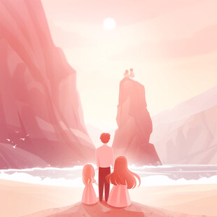 手绘看海的情侣插画