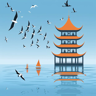 白鹭塔插画