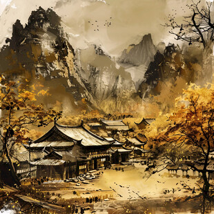 银杏山水风景画