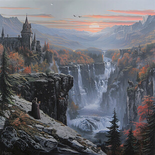 山水风景油画瀑布