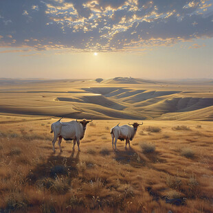 草原骏马晚霞河流