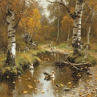 森林小溪油画