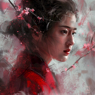 手绘美女红梅图