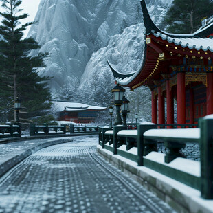 古建筑长廊雪景