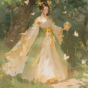 少女拿扇子阔袍大袖