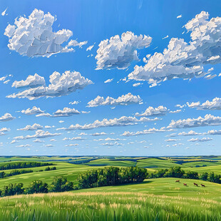 蓝天白云绿草油画