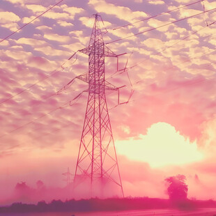 透视电线杆屋顶晚霞