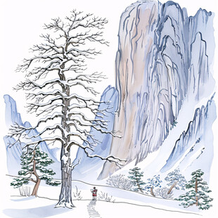 雪松雪景雪山插画