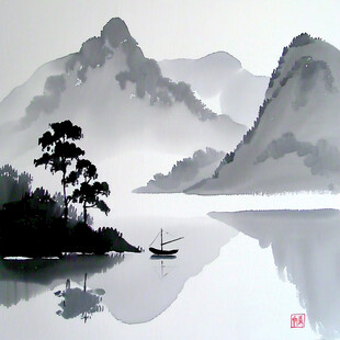 手绘风景画烟雾山水画