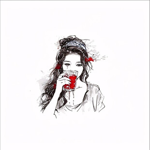 手绘喝饮料美女