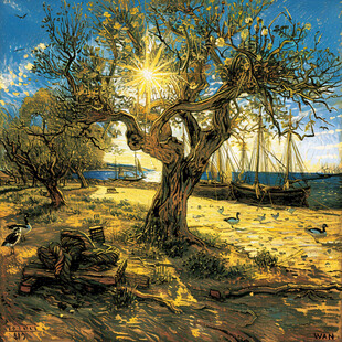 树下的老人油画