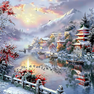 山水壁画雪景中国画