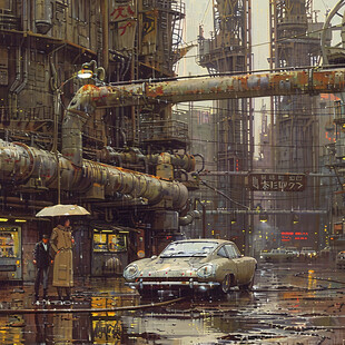 钢铁城市雨天的城市