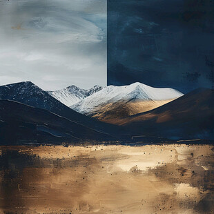 雪山金色天空油画