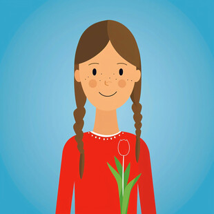 女孩捧花微笑插画