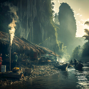 原始海边生活场景