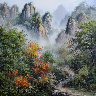 手绘风景画烟雾山水画