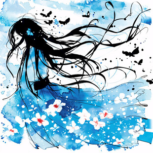 蓝色系女孩手绘