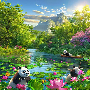 山川芙蓉竹子熊猫