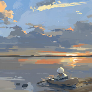 溪流小船白鹤落日山峦