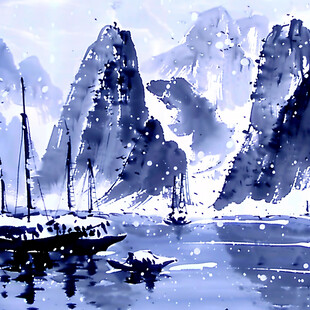 雪山湖泊水墨画