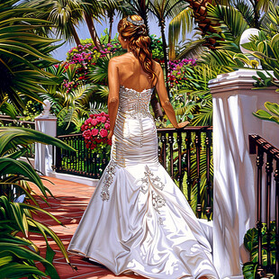 手绘女孩婚纱背影