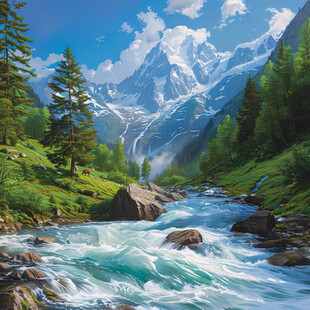 雪山森林河流图