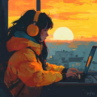 女学生夕阳下插画