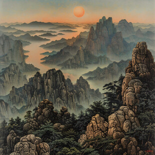 手绘工笔画迎客松