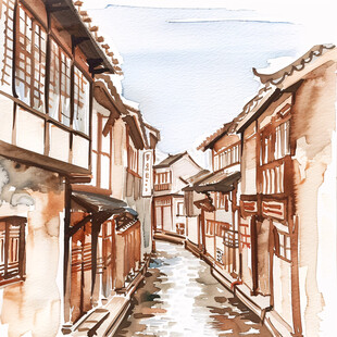 古街水彩画