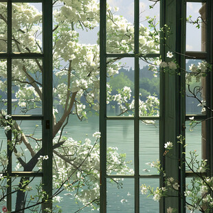 开满鲜花的窗户插画