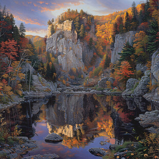 山水风景油画瀑布