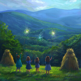 森林帐篷女孩插画