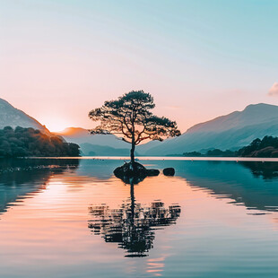 禅境山峰湖泊河流鹿树