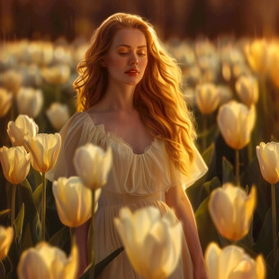 盛开郁金香与美女