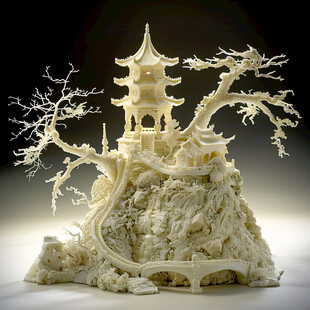 鱼牙雕亭台楼阁