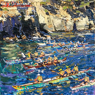 山峰渔船群山油画壁画